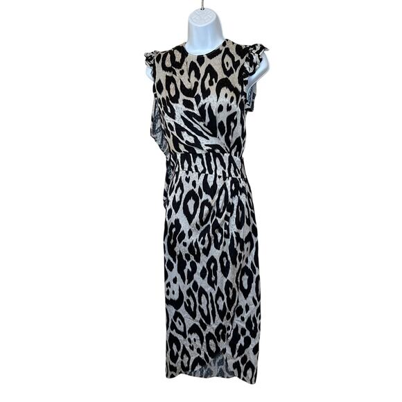 Ronny Kobo Zebra Print Ruched Silk Midi Dress Black White XS Work Designer $548 - Picture 1 of 6